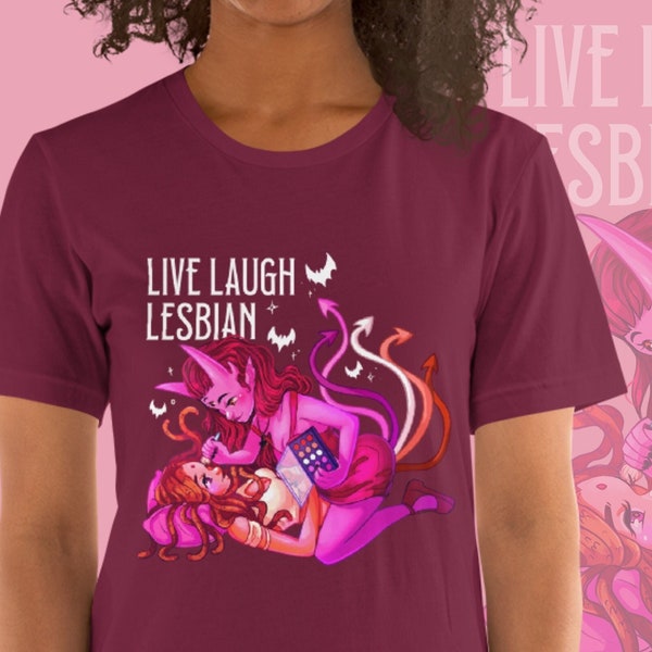 Lesbian Pride Shirt | Live Laugh Lesbian Unisex T-Shirt | Sapphic Lesbian Art Lesbian Flag Medusa Tiefling Fantasy Magic Pastel Goth Shirt
