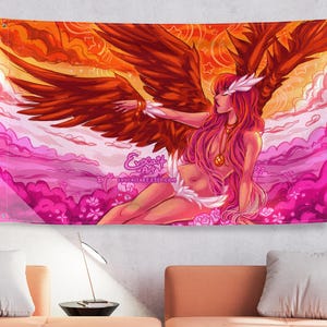 Fantasy Angel Lesbian Pride Flag | Sapphic, Queer Art, Subtle Pride, LGBTQ, Pastel Gothic Tapestry, Cute Room Decor Aesthetic