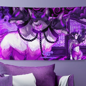 May include: A purple tapestry featuring a three-headed dog with glowing eyes and a chain collar. A woman with dark hair and horns stands near a gate. The tapestry has the text "Evocait Art" and the Etsy shop URL.