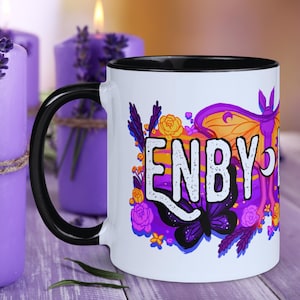 Nonbinary Pride Pun Moth Mug | Enby Witchy Gifts, Cottagecore Queer Art, LGBTQ Coffee Mug, Cute Butterfly Tea Cup, LGBT Floral Coffee Cup