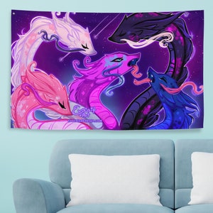 May include: A wall tapestry depicting a fantasy illustration of five colourful dragons against a starry purple backdrop. The dragons are in shades of pink, purple, blue, and white, with their tongues extended. The text "EvocatArt.etsy.com" is visible.