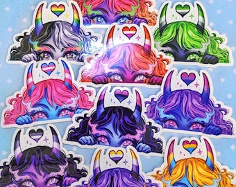 Subtle Pride Peeker Demon Stickers | Lesbian Pan Bi Gay Ace Transgender Enby Aro Omni Ally Queer Art Tiefling Horns Gay Pride Sticker