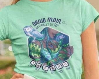 Nature TTRPG Druid Main T-Shirt | Owl Lover, Kawaii D20 Anime Shirt, Fantasy Dungeons Witchy Tee, Colorful Tabletop RPG Clothes