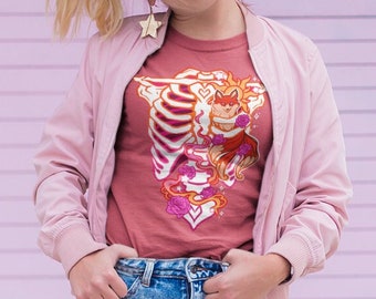 Lesbian Subtle Pride Ribcage T-shirt | Sapphic Clothes, Lesbian Pride Fox Shirt, LGBTQ Skeleton Tee, Pastel Goth Clothing