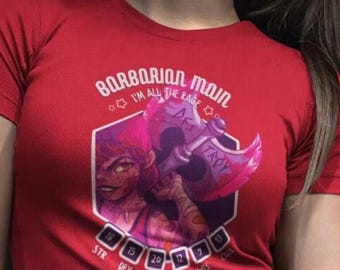 Angry TTRPG Barbarian Main T-Shirt | All the Rage, Kawaii D20 Anime Shirt, Fantasy Dungeons Axe Tee, Colorful Tabletop RPG Clothes