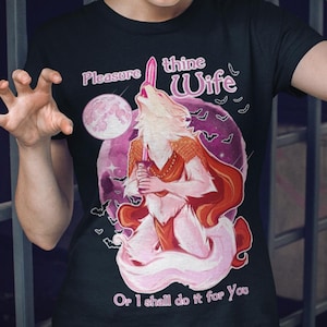 May include: Black t-shirt with a graphic featuring a wolf-like creature holding a sword, a full moon, and bats. The text reads "Pleasure thine Wife Or I shall do it for You."