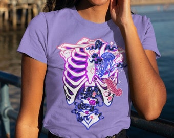 Gender Fluid Subtle Pride Ribcage T-shirt | Queer Clothes, Genderfluid Pride Jellyfish Shirt, LGBTQ Skeleton Tee, Pastel Goth Clothing