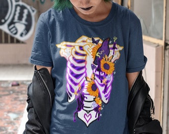 Nonbinary Subtle Pride Ribcage T-shirt | Enby Clothes, Nonbinary Pride Sunflower Shirt, LGBTQ Skeleton Tee, Pastel Goth Clothing