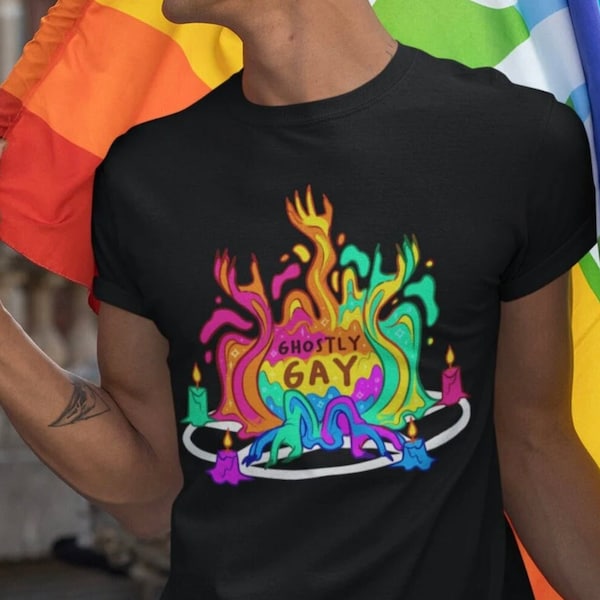 Gay Pride Shirt | Ghostly Gay Unisex T-Shirt | Queer Art Say Gay Witchy Stuff LGBTQ Ghost Pentagram Spooky Rainbow Pastel Goth Shirt