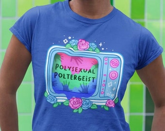 Chemise de fierté polysexuelle | T-shirt unisexe poltergeist polysexuel | Art queer Fierté subtile Witchy Stuff Fantôme effrayant mignon chemise gothique pastel