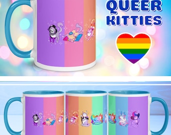 Fantasy LGBT Pride Cat Mug | Witchy Cat Lover Gifts, Pastel Goth Queer Art, LGBTQ Gift for Her, Cat Mom Tea Cup, LGBT Halloween Coffee Cup