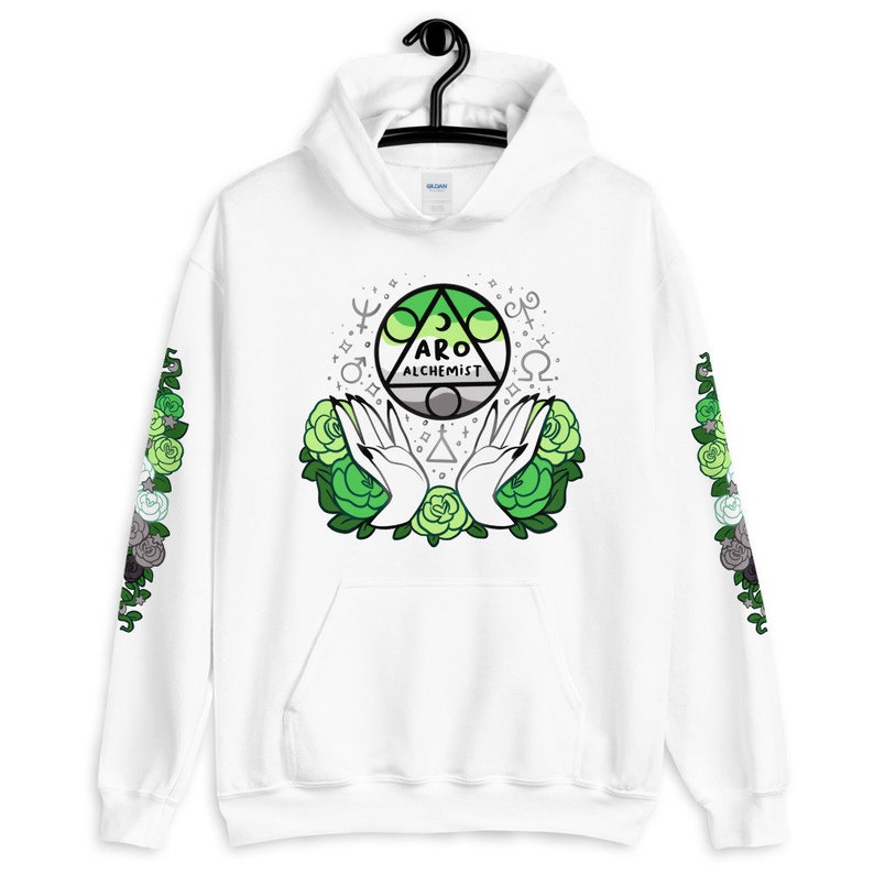 May include: White hoodie with a green, gray, and white aro alchemist symbol with a green and white floral design on the front and sleeves. The symbol has the text "Aro Alchemist" inside.