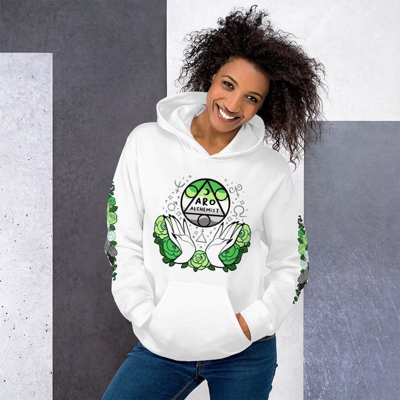 May include: White hoodie with a green, gray, and black aro alchemist symbol surrounded by green roses. The sleeves have a green, gray, and black pattern.
