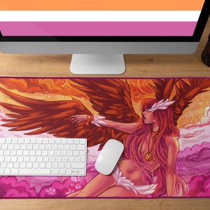 Celestial Angel Lesbian Pride Mousepad | Cute Sapphic Desk Mat, Lesbian Flag Gaming Mouse Pad, LGBTQ Angelcore Deskmat, Anime Mousepad Gift