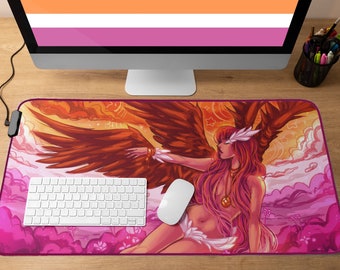 Tapis De Souris XL Fierté Lesbienne | Tapis de souris gaming mignon Ce-les-tial | Drapeau lesbien saphique LGBTQ Ailes d'ange magiques pastel gothique gothique