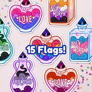 May include: A selection of vibrant stickers with potion bottle illustrations. The bottles display swirling designs and the words "LOVE", "FRIENDSHIP", and "POLY MORPH". The text "15 Flags!" is also visible.