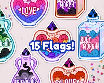 LGBT+ Magic Potion Bottles Stickers and Magnets | Witch Lesbian Pan Bi Gay Ace Trans Aro Nonbinary LGBTQ Pride | Laptop Decal, Scrap Booking