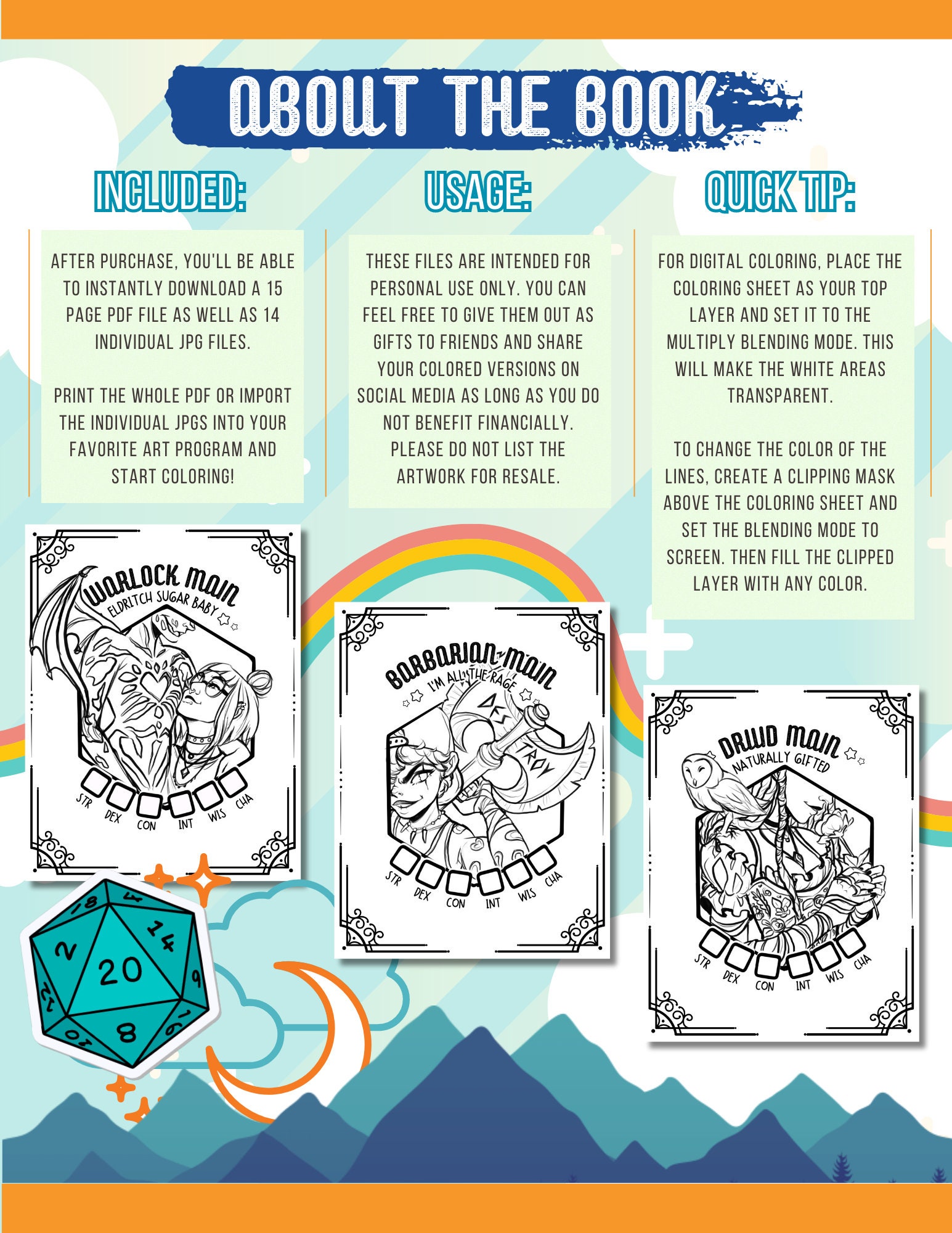 TTRPG Classes Digital Coloring Book | Fighter Ranger Bard Druid Wizard ...