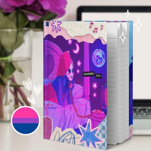 May include: A hardcover notebook featuring a vibrant purple and pink illustration of a masked figure in a towel on a bed, holding a telephone. The cover includes a disco ball, stars, and the text SLASHER FIC. The notebook has white lined pages.
