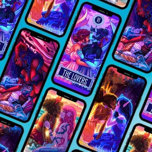 May include: A pattern of smartphones, each showing a tarot card illustration. The artwork depicts two figures in an embrace, with the words "THE LOVERS" on a banner. The background is a teal colour.