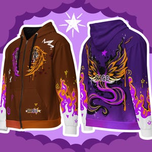 May include: A brown and purple zip-up hoodie with a graphic print of wings, flames, and the word "RISE".