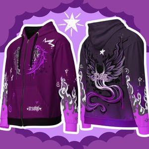 May include: Purple zip-up hoodie featuring a phoenix design and the word "RISE" on the front and back. The hoodie has a black zipper and a hood with a drawstring.