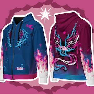 May include: A blue and pink zip-up hoodie with a phoenix design and the word "RISE" on the front and back. The hoodie has a white zipper and white cuffs.