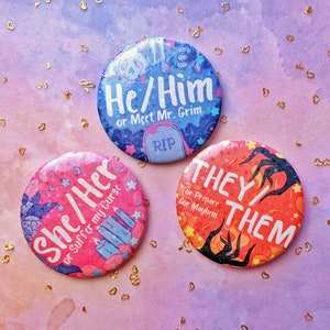 Magical Pronoun Buttons | She Her He Him They Them Transgender Gender Fluid Queer Magical Witchy Occult Puns Funny