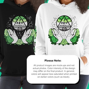 May include: Black and white hoodie with a green, gray, and white aro alchemist symbol surrounded by green roses and white hands. The text "ARO ALCHEMIST" is on the symbol. The hoodie is shown on a white background.