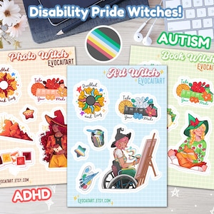 Puede incluir: Una hoja de pegatinas titulada Art Witch con ilustraciones de un girasol con el texto Disabled and Gay, un pastillero con el texto Take Your Meds, un bote de pintura, una paleta y una persona en silla de ruedas pintando en un caballete.