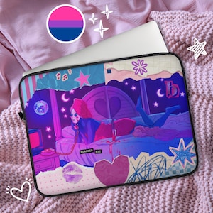 May include: A rectangular laptop sleeve featuring a vibrant, collage-style graphic of a figure with a skull mask lying on a bed, holding a telephone receiver. The design includes a knife, stars, hearts, and the text "SLASHER FIC" in a black box.