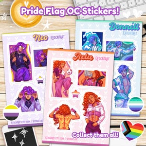 May include: A selection of Pride Flag OC stickers with vibrant illustrations of diverse characters. The stickers are presented on a wooden surface, with the text "Pride Flag OC Stickers!" and the Etsy shop name. Each sticker sheet features a unique character name.