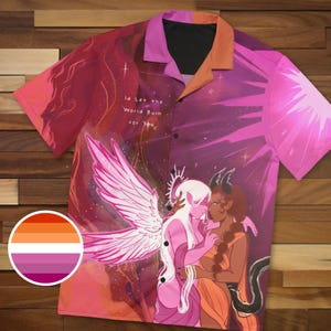May include: Short-sleeved button-down shirt with a vibrant design featuring two figures embracing, one with angel wings and the other with horns and a tail. The shirt has a pink, orange, and purple color scheme with the text "I'd Let the World Burn for You."