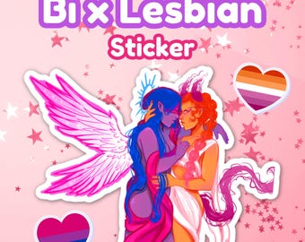 Stickers amour lesbien et bisexuel | Art fantastique lesbien x Bi ange et démon | Sticker pour ordinateur portable, mise au rebut