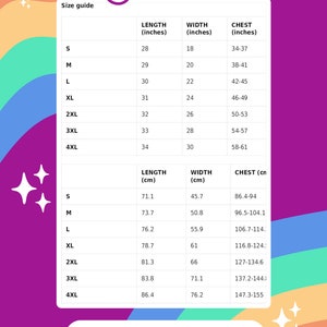 May include: Sizing chart for a t-shirt with measurements in inches and centimeters. The chart shows the length, width, and chest measurements for sizes S through 4XL.