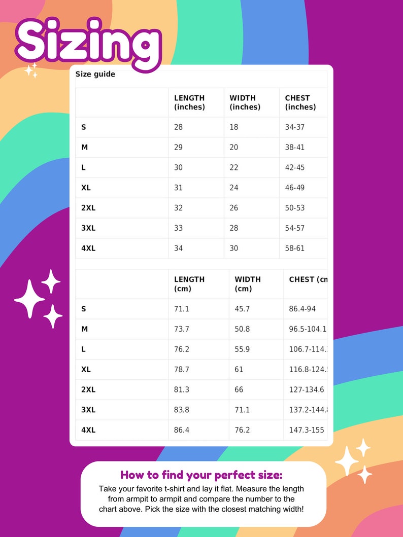 May include: Sizing chart for a t-shirt with measurements in inches and centimeters. The chart shows the length, width, and chest measurements for sizes S through 4XL.