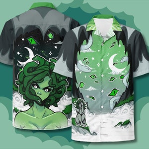 May include: A green and white button-up shirt with a print of a woman with snakes for hair, a crescent moon, and stars. The print is set against a dark green and gray background.