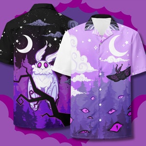 May include: Two purple and white patterned button-up shirts with a moth and eye design. One shirt features a white moth with pink eyes and the other shirt features a black moth with white wings.