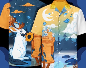 Aroace Subtle Pride Jackalope Button Up Shirt | Aroace Pride Cryptid, Aro Ace Pride LGBTQ Monster Button Down, Pastel Goth Clothing