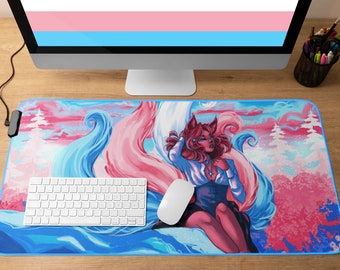 Transgender Pride XL Mousepad | Trans-une Cute Desk Mat Gaming Mouse Pad | Trans Pride Flag LGBTQ Fantasy Kitsune Fox Anime Girl Pastel Goth