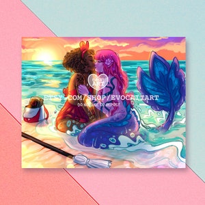 Magical Beach Romance Print | Magic Occult LGBTQ Lesbian Sapphic Love Witch Mermaid Summer | Art Print Poster