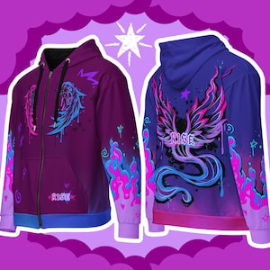 May include: A purple and blue zip-up hoodie with a phoenix design and the word "RISE" on the back. The front of the hoodie has a similar design with a smaller phoenix and the word "RISE" on the bottom.