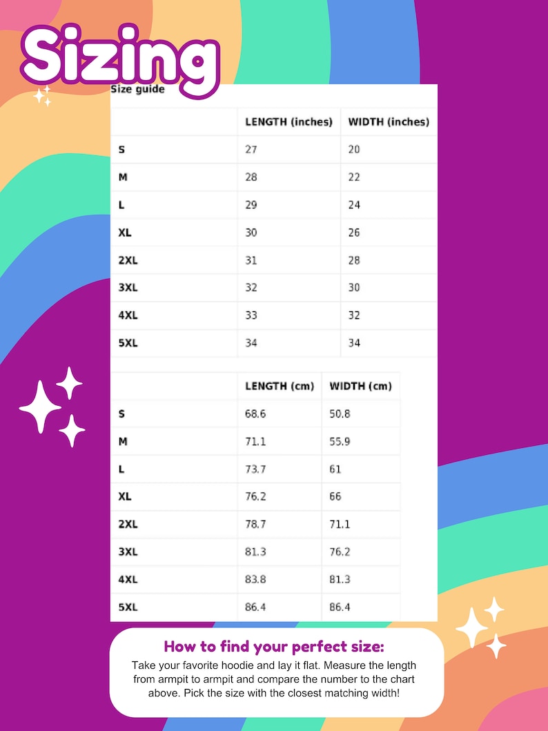 Peut inclure: Tableau des tailles pour un sweat-shirt avec des mesures en pouces et en centim&egrave;tres. Le tableau indique la longueur et la largeur du sweat-shirt dans diff&eacute;rentes tailles, de S &agrave; 5XL. Le tableau comprend &eacute;galement des instructions pour trouver la taille id&eacute;ale.