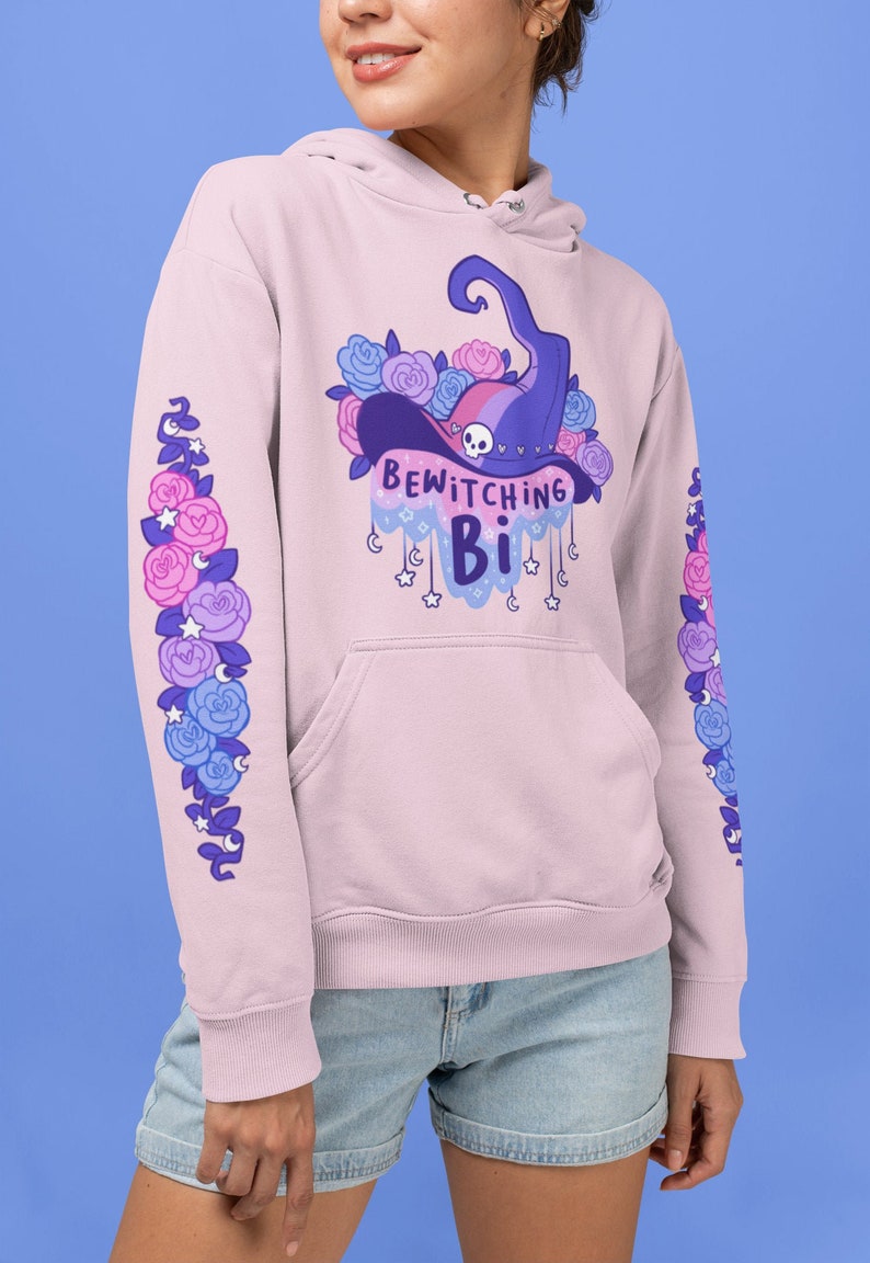 Bewitching Bi Unisex Hoodie | Bisexual Biromantic Sexuality LGBTQ Occult Witch Hat Roses | Pastel Goth Hood Apparel 