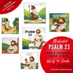 Op de afbeelding: Een set van 11 geïllustreerde Psalm 23 bijbelgeheugenkaarten met een bebaarde figuur in gewaden die omgaat met schapen in groene landschappen. Elke kaart bevat tekst uit de NIV-bijbeluitgave en toont scènes van begeleiding, rust en zorg in een vierkant formaat.