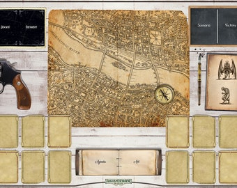 May include: A vintage-style board game with a map of a city, a compass, a revolver, and cards. The game includes a scenario and victory board, as well as a book with illustrations of monsters.