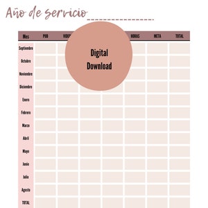 Op de afbeelding: Een printbare plannertemplate met een roze en witte kleurschema. De planner is ontworpen om serviceuren bij te houden, met kolommen voor maand, pub, video, uren, meta en totaal. De planner bevat een sectie voor notities en doelen.