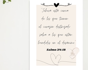 JW |Psalm|Salmo 34:18|  Wall text| Jehovah's Witnesses| Printable Wall art| Spanish