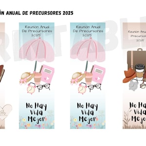 Puede incluir: Ilustración digital de diseños de marcapáginas con el texto "Reunión Anual De Precursores 2025." Los diseños incluyen ilustraciones de equipaje, sombreros, tazas de café, libros, paraguas, cuadernos y gafas. También está presente la frase "No Hay Vida Mejor".