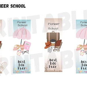 May include: Printable bookmarks with the text "Pioneer School" and "Best Life Ever." The bookmarks feature illustrations of a suitcase, coffee cup, hat, book, glasses, and a pink umbrella. The word "DOWNLOAD" is written vertically on the left side.